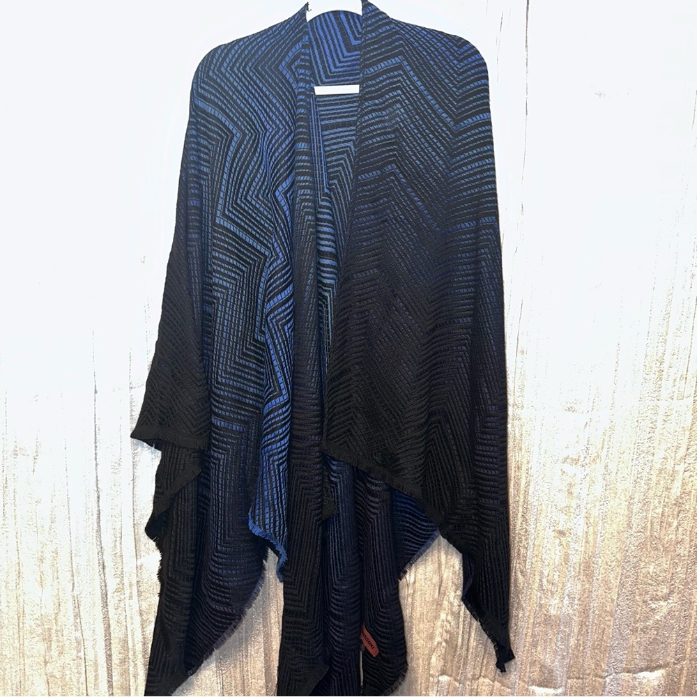 Missoni Italy Black + Blue Shawl Wrap Fringe Hem - Picture 7 of 8